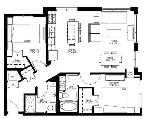 Floor plan for 2 beds, 2 baths, 1096 sqft
